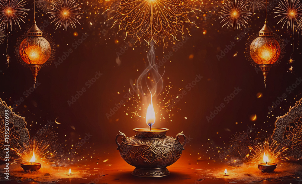 Poster Lit candle in a gold vase is surrounded by other candles. The vase is on a table with a red background