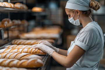 A baker in a mask prepares bread in a bakery, ensuring hygiene and quality.