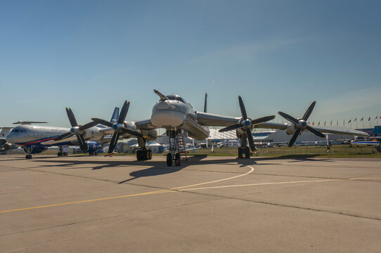 Stationary parking lot MAKS-2015. Soviet and Russian turboprop strategic bomber-missile carrier with turboprop engines Tupolev Tu-95MS (NATO: -  Bear). Close-up. Zhukovsky, Russia - August 26, 2015