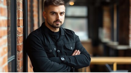 Confident young man in casual attire poses against a brick wall in an urban cafe environment, showcasing style and self-assuredness in social settings.