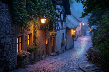 Fototapeta premium Idyllic Cobblestone Alley at Twilight with Ivy-Covered Stone Houses, Lanterns, and a Mystical Atmosphere in a Medieval European Village.