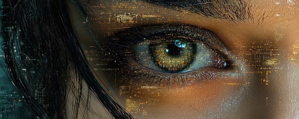 Close-up of a human eye with digital binary code overlay, representing the fusion of humanity and technology in a futuristic concept