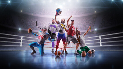 Sports winners. Collage of professional happy sportsmen on sports arena. Football, hockey,...