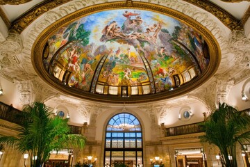 Obraz premium A grand interior featuring an ornate dome with a vibrant mural and lush greenery.