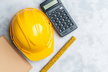 Yellow Construction Helmet with Calculator and Measuring Tape on Concrete Background
