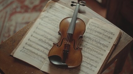 Elegant Vintage Violin Resting on Sheet Music, Showcasing a Beautiful Wooden Finish and Classic...