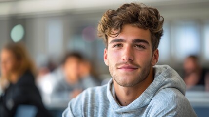 Obraz premium Intelligent-looking young male student, focused and determined, seated in a university classroom setting