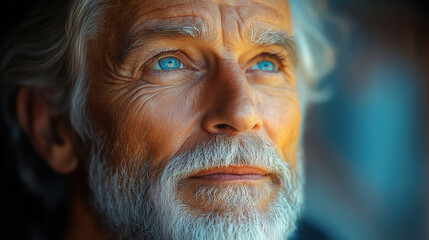 Man with striking blue eyes and weathered features gazing thoughtfully out a window in soft, warm light. Generative AI