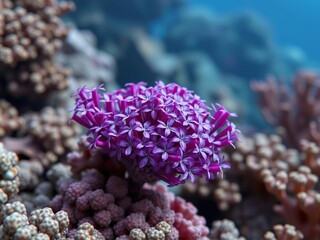 Naklejka premium A cluster of small purple flowers blooming on a coral reef, seaweed forest, underwater scene