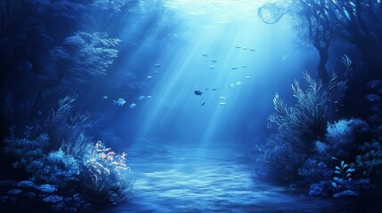 Obraz premium Sunbeams illuminate underwater coral reef scene.