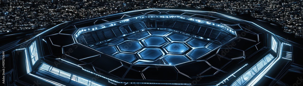 Poster futuristic arena design with hexagonal patterns and illuminated edges.