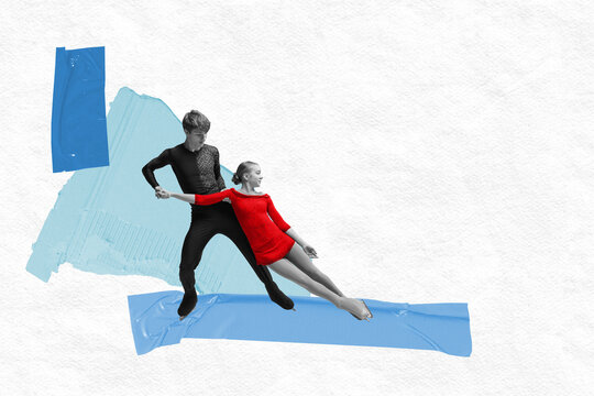 Contemporary art collage. Pair of ice dancers in elegant costumes, performing on ice against background with creative tapes and paper. Concept of winter sport, tournament, competition, travelling.