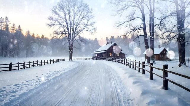 Rustic wooden house in snowy forest with peaceful winter path Seamless looping 4k time-lapse animation video background  
