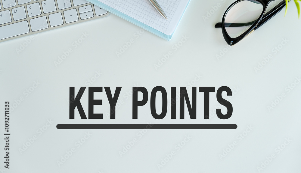 Poster key points text on a notebook with keyboard, mouse and glasses
