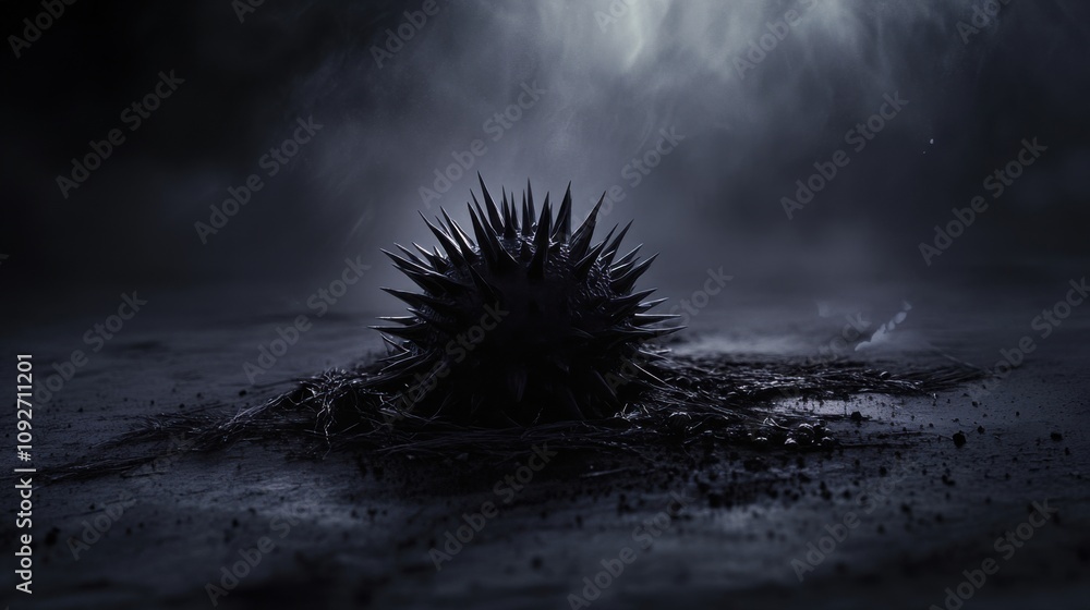 Poster dark spiky object on mysterious ground surrounded by fog and unrealistic light creating an eerie atm