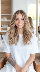 L&auml;chelnde Frau mit gewellten Haaren im Balayage Stil in einem modernen Friseursalon