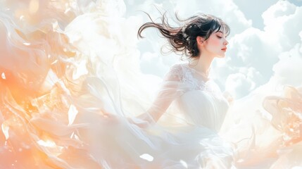 Woman in flowing white dress, windswept hair, bright sky.