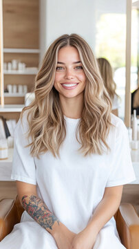 L&auml;chelnde Frau mit gewellten Haaren im Balayage Stil in einem modernen Friseursalon