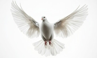 Obraz premium A white dove in flight with its wings spread wide against a white background.