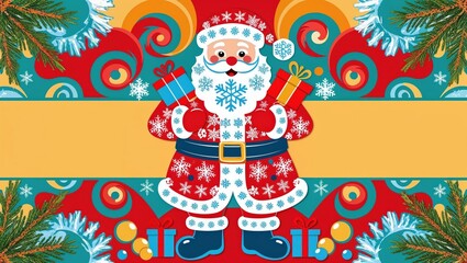 Naklejka premium Festive Christmas Santa Claus design with gifts snowflakes and winter design elements