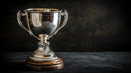 A sophisticated silver trophy cup, lit dramatically against a mirrored silver background,...