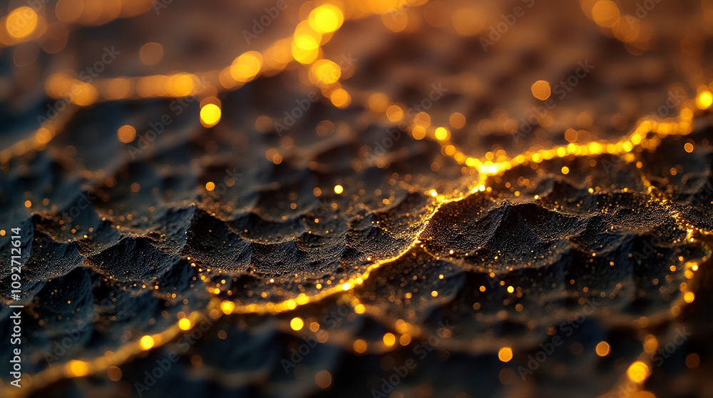 Poster a close-up view of a textured surface with small triangular and polygon gold facets shimmering in th