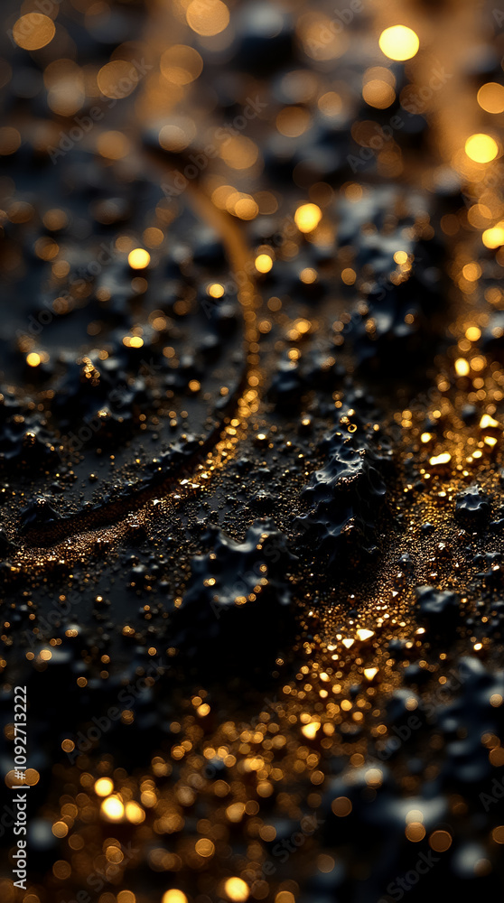 Poster close-up view of a textured surface featuring small golden triangular and polygon facets, creating a