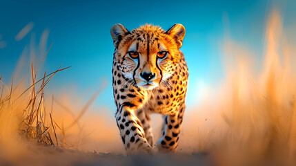 Fototapeta premium A cheetah is walking through tall grass. The cheetah is the main focus of the image, and it is in a natural setting. The grass is tall and brown, giving the scene a sense of wilderness and adventure