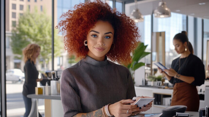 Rothaarige Frau steht am Empfang in modernem Friseursalon mit lockigem Haar