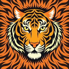 Fototapeta premium Fierce Tiger Portrait: A bold and striking illustration of a tiger's head, set against a backdrop of dynamic stripes, evokes power, strength, and wildness.