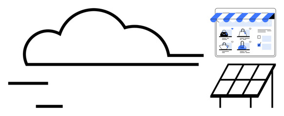 Cloud computing symbol beside online shop storefront and solar panel. Ideal for technology services, e-commerce, renewable energy, cloud storage, internet business, clean tech, sustainability. Line