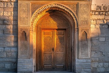 Ornately carved wooden door framed by intricate stonework, illuminated by warm sunlight.
