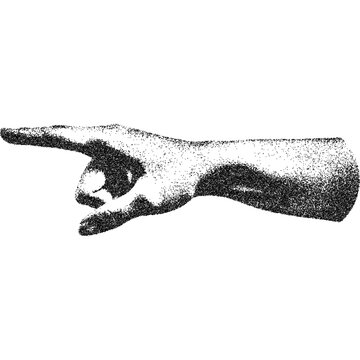 Hand with halftone stipple effect, for grunge punk y2k collage design. Vector illustration in grainy photocopy texture for experimental dotted retro banner design