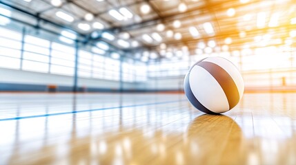 A volleyball resting on a shiny wooden floor, with the blurred lines of a gym court in the background, capturing a sports-ready atmosphere.