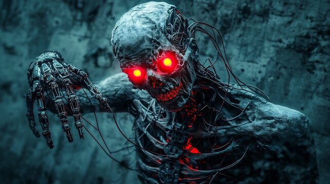 Menacing Cyborg with Glowing Red Eyes in Futuristic Dystopian Landscape