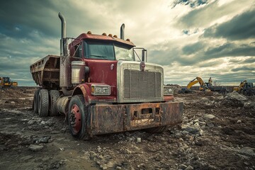Red dump truck parked on muddy ground at construction site with excavators working in background
