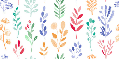 Floral pattern vector. Leaf and flower branch seamless background. Simple spring plant, crayon abstract design. Nature summer branch with leaves, flowers. Texture print seamless pattern. Cute chalk bg