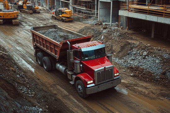 Red dump truck transporting earth on a muddy road at a building site