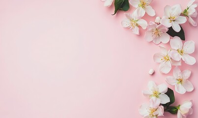 Fototapeta premium Delicate white blossoms arranged on a pink background, leaving ample space for text or design elements.