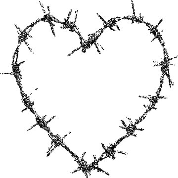 Heart shaped barber wire with halftone stipple effect, for grunge punk y2k collage design. Vector illustration in grainy photocopy texture for experimental dotted retro banner design