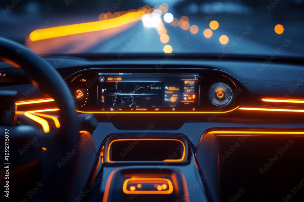 Aufkleber modern vehicle interior showing illuminated dashboard with navigation system active during nighttime