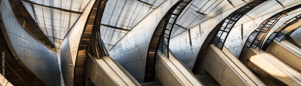 Poster abstract architectural design featuring curved concrete structures and dynamic lines.