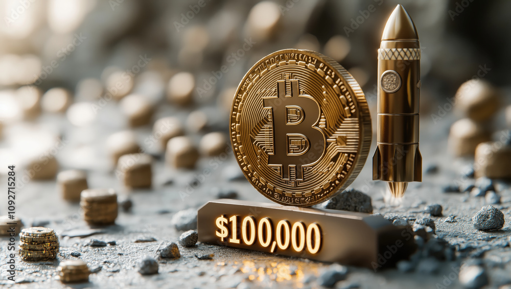 Poster bitcoin logo with golden rocket launch and $100,000 text in 3d rendering on white background