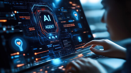 Naklejka premium AI Agent Chatbot Interface for Online Customer Service Support on Laptop
