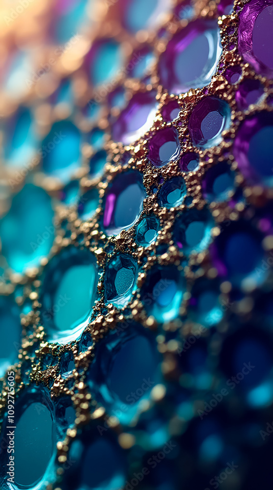 Poster close-up of a surface with colorful triangular and polygon facets, featuring intricate textures