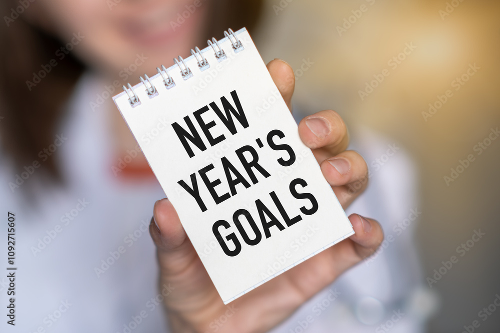 Poster young hands writing in notebook 2024 new year's resolutions index list over wooden table