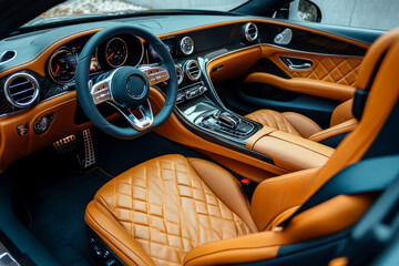 Modern luxury vehicle interior showcasing brown leather seats, a digital dashboard