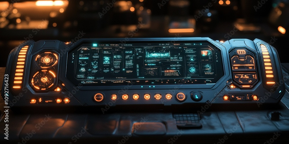 Poster futuristic control panel featuring glowing displays and interactive controls in a dimly lit sci-fi s