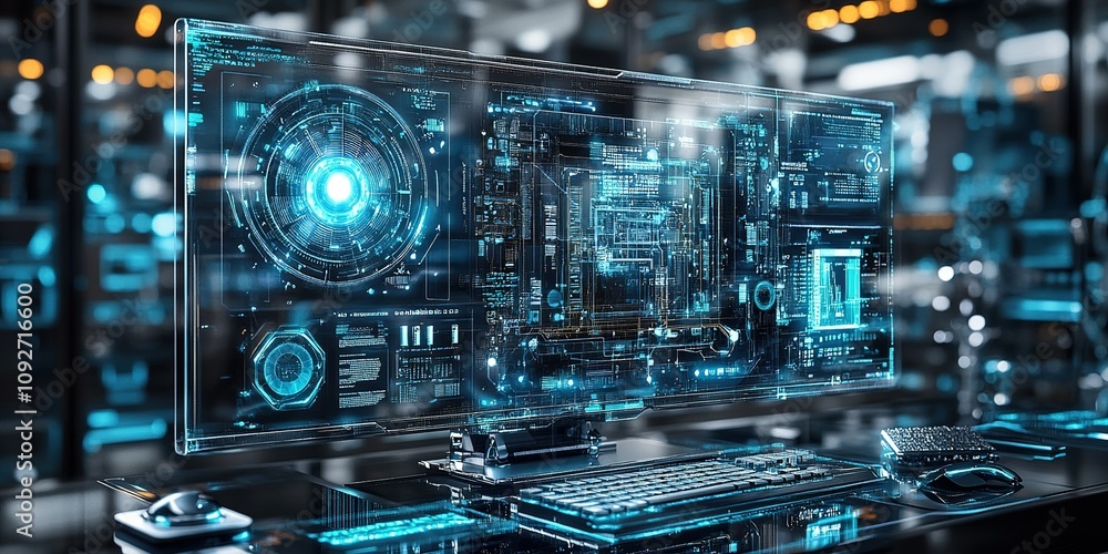 Poster futuristic computer workstation featuring holographic displays and advanced technology in a high-tec