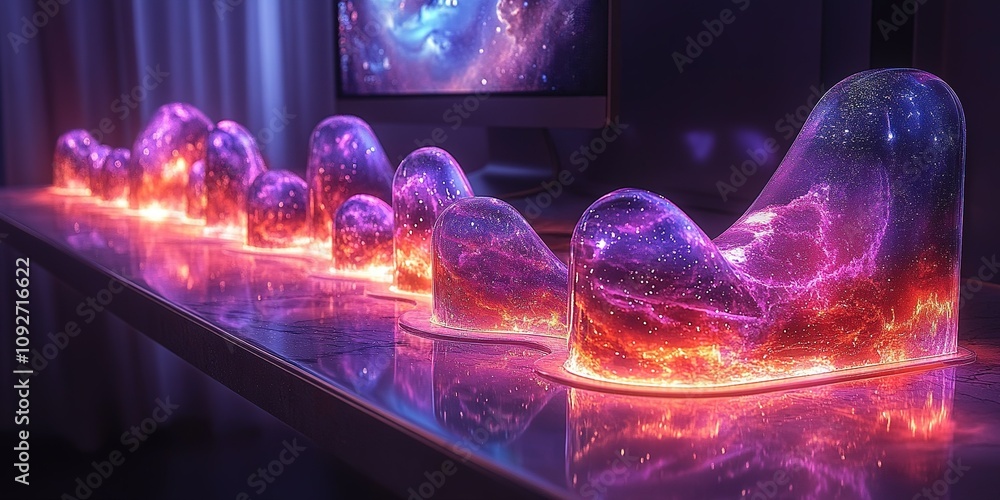 Poster colorful galaxy-inspired illuminated objects on a sleek modern table creating a cosmic aesthetic in 